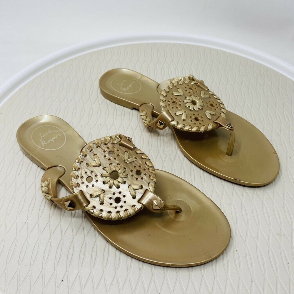 Jack Rogers Jelly Plastic Whipstitch Sandals 4 Gold Flip Flops Thongs Shoes Slip